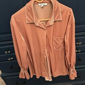 Solution Women's Light Pink Button-Down Shirt with cute sleeve.